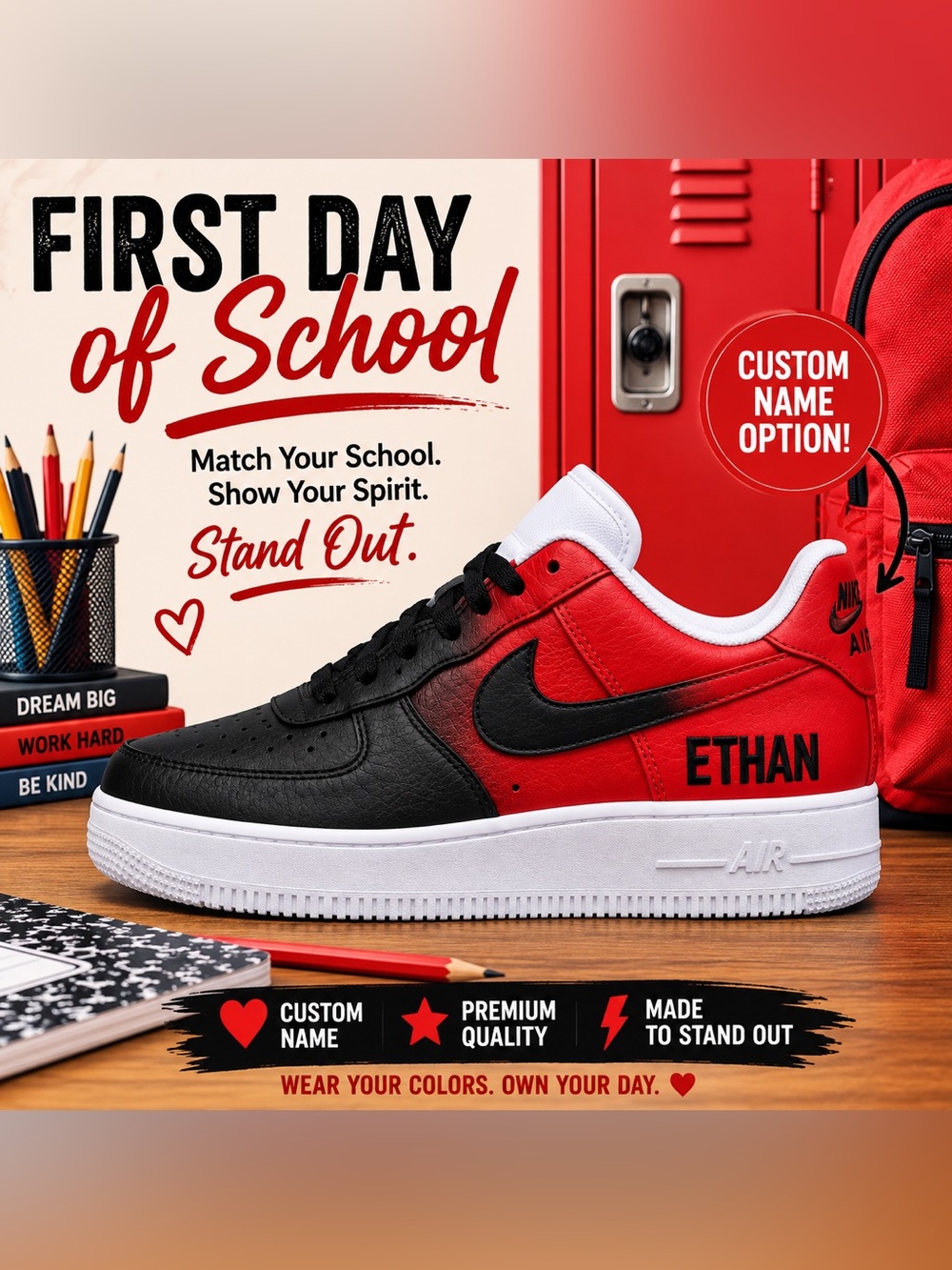 Custom School Spirit Nike Air Force 1 Shoes Personalized Back to School Sneakers